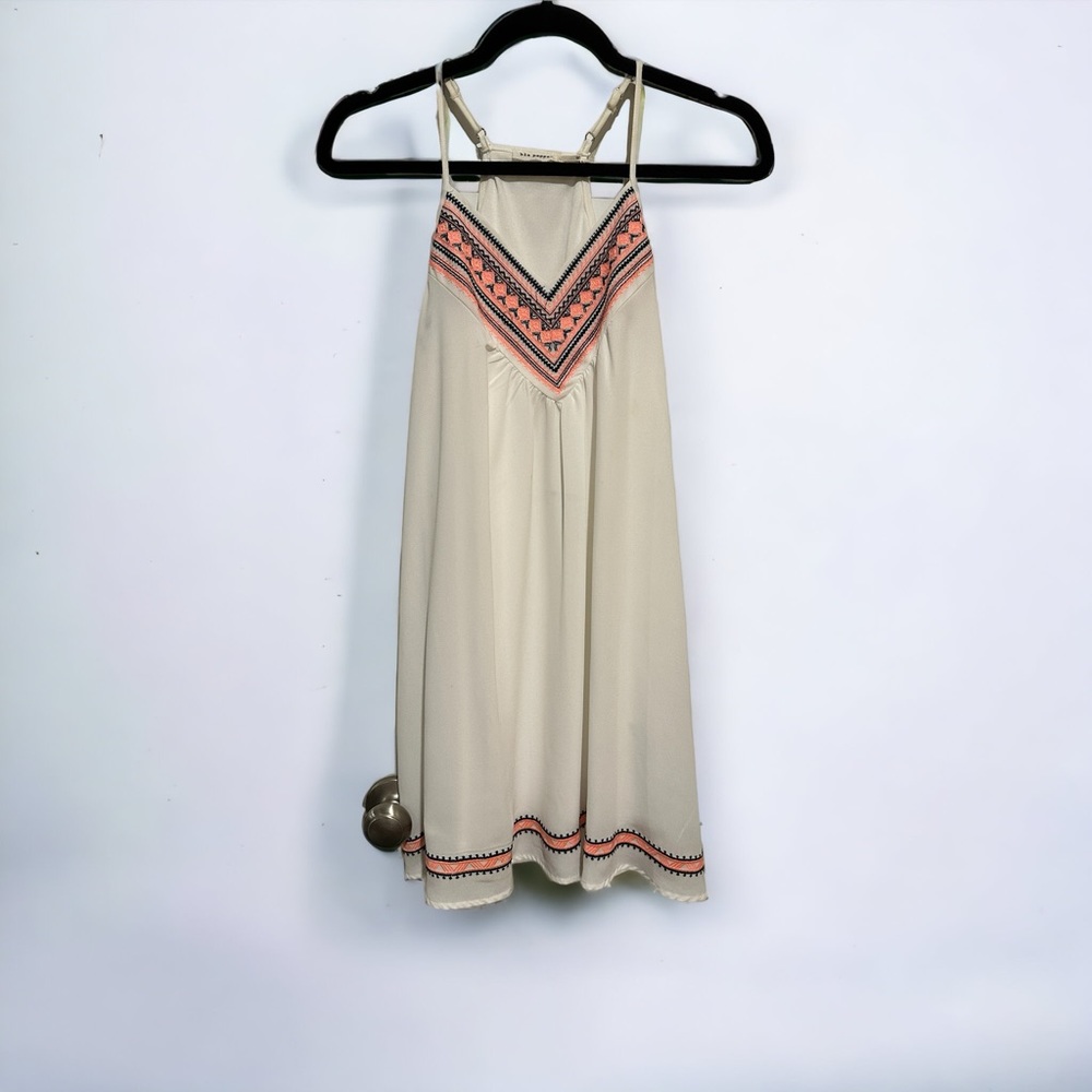 White sundress with pink and navy embroidery. Size Medium